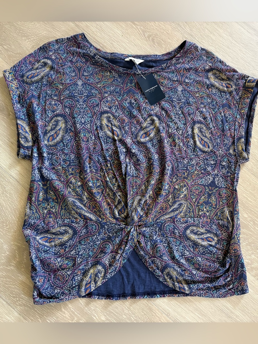 Lucky Brand Navy Paisley Twist-Front Short Sleeve Top NWT